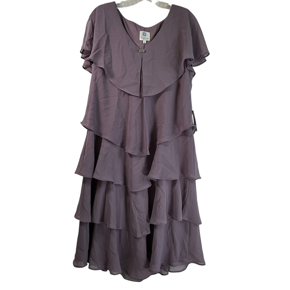 Patra Lilac Purple Tiered Chiffon Midi Dress Rhinestone Brooch 6206 Size 16 NEW
